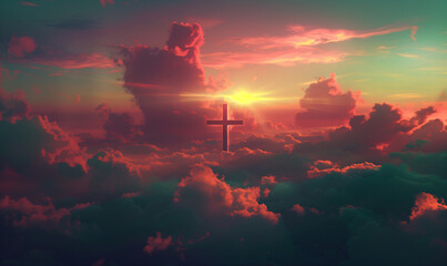 Divine Light and Colors: Photorealistic Crosses Amidst Clouds in Vibrant Pastoral Scenes