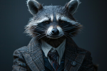 A dapper raccoon in a smart casual suit with a charismatic grin set against a sleek studio backdrop portraying resourceful business tactics