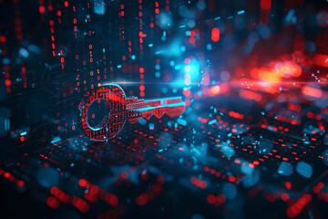 A digital key materializing from a vortex of binary code representing the unlocking of encrypted data in a high tech cybersecurity realm - obrazy, fototapety, plakaty