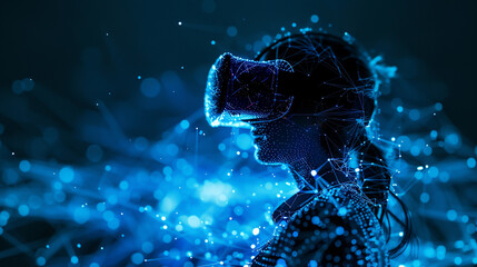 A digital silhouette of a person wearing a virtual reality headset composed of glowing blue particles and interconnected lines embodying advanced technology