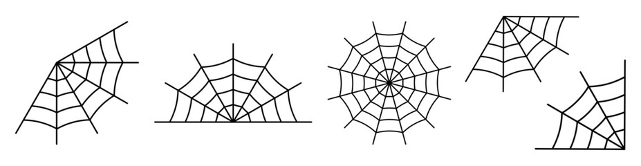 Spiderweb icons set. Sticky trap of intertwining dangerous vector lines. Black mesh patterns. Vector illustration