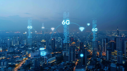 A futuristic cityscape with holographic 6G network symbols floating above skyscrapers showcasing hyper connectivity and advanced wireless technology