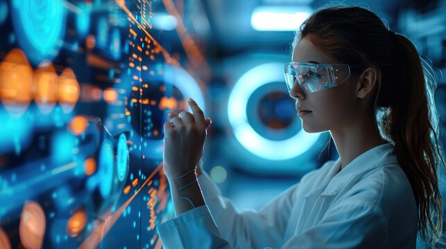 Female developer working with data processing in the future. Generative AI.