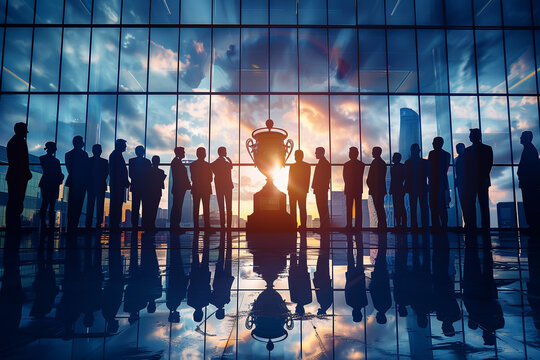 A dynamic business team gathered around a gleaming trophy symbolizing corporate success and teamwork all dressed in sharp suits against the backdrop of a modern office skyscraper
