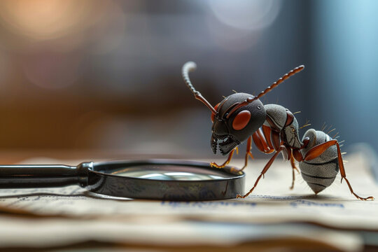 A diligent ant wearing a miniature suit posed with a magnifying glass in a studio macro shot that highlights meticulous business strategy