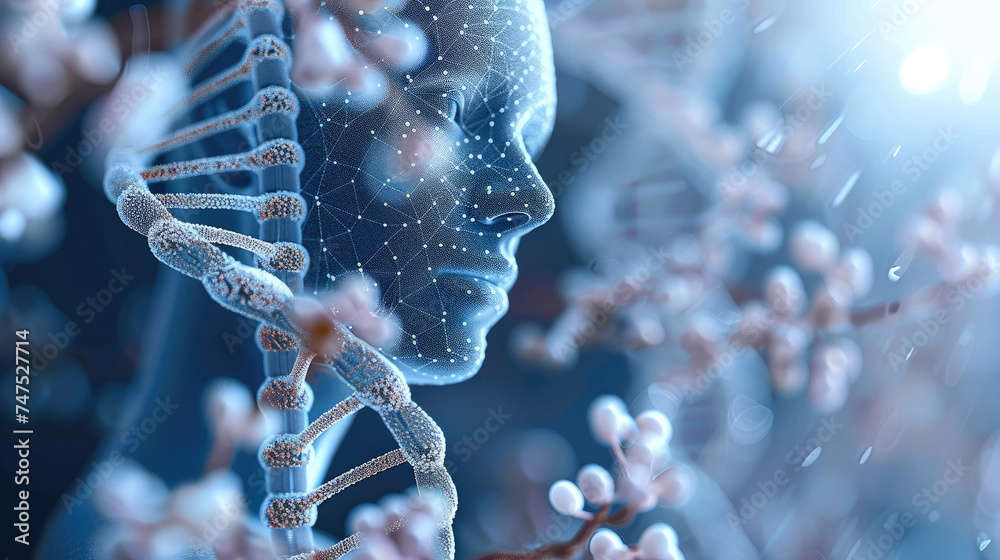 Poster Artificial intelligence AI in Healthcare. DNA double helix intertwined with digital AI elements, highlighting the role of AI in genetic research and personalized medicine. Generative AI.