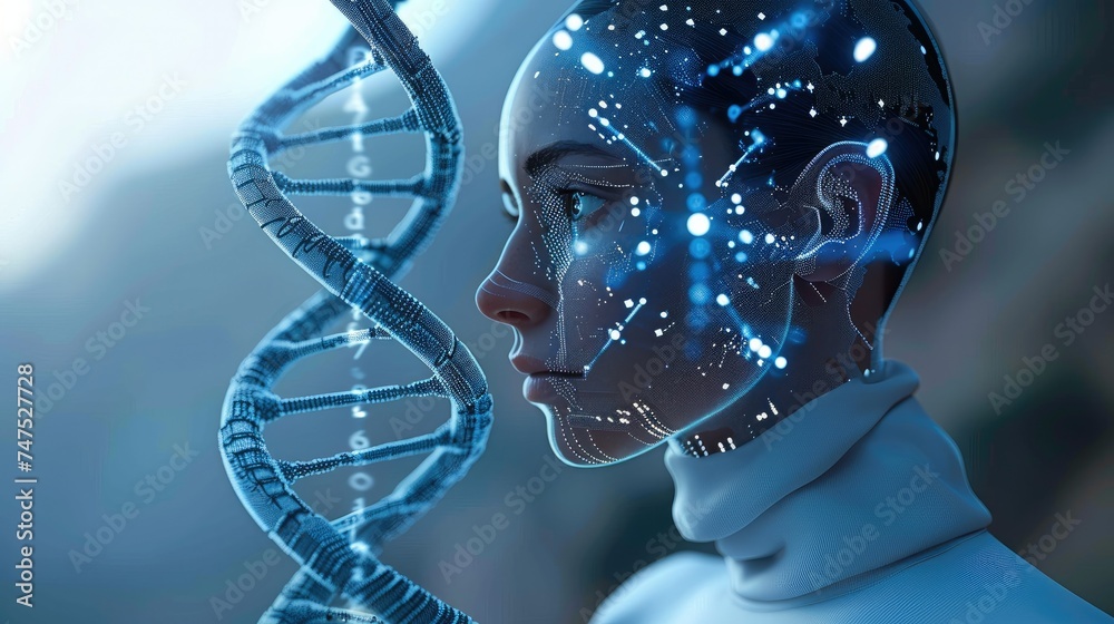 Poster Artificial intelligence AI in Healthcare. DNA double helix intertwined with digital AI elements, highlighting the role of AI in genetic research and personalized medicine. Generative AI.