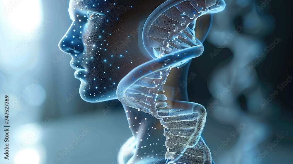 Poster Artificial intelligence AI in Healthcare. DNA double helix intertwined with digital AI elements, highlighting the role of AI in genetic research and personalized medicine. Generative AI.