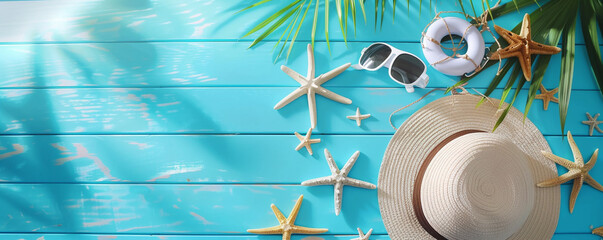 A panoramic banner featuring summer vacation accessories on a vibrant blue plank with sandy beach backdrop