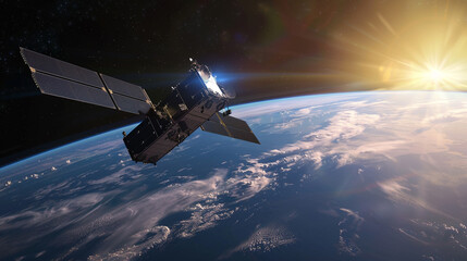 A sleek advanced satellite orbiting Earth capturing the glowing horizon where day meets night