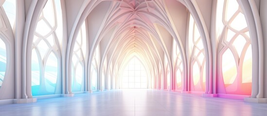 The image shows a very large room with multiple windows allowing natural light to flood in. The room is adorned with abstract white and colored gradient glasses, giving it a gothic interior design.