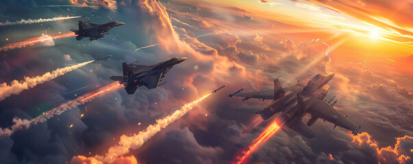 A squadron of stealth fighter jets engaged in a high speed aerial dogfight with dynamic contrails against a dramatic sunset sky missiles locked and flares dispensed