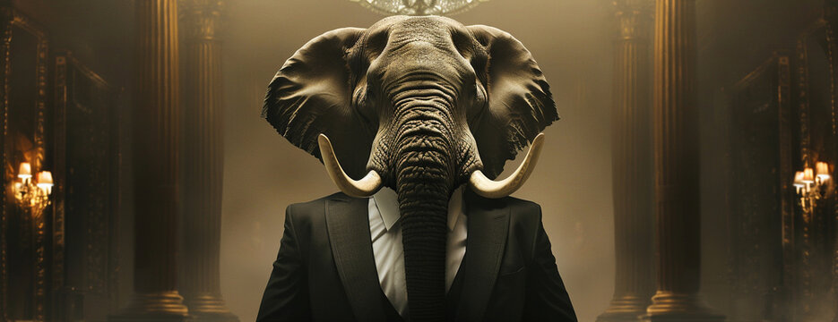 A noble elephant dressed in a stately suit with its tusks polished standing in a grand studio symbolizing robust and powerful business prowess
