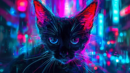 neon glowing cat in the dark.