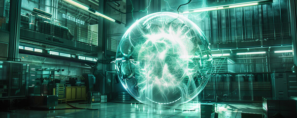 Fototapeta na wymiar An ultra realistic image of a futuristic energy sphere harnessing the chaotic beauty of fusion reactions glowing intensely in the heart of a high tech laboratory