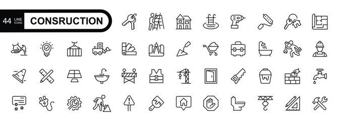  Construction,  building,  and home repair tools web icons in line style. Editable Stroke. 