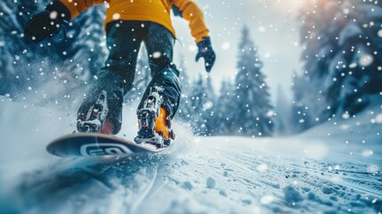Fototapeta na wymiar A young snowboarder rides down an alpine mountain at high speed