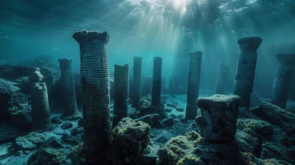 Foto op Canvas Majestic ruins of Atlantis rising from the sea at dawn with mysterious ancient symbols etched into weathered stone remnants of a civilization lost to time © Thanaphon