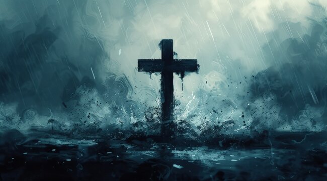 graphic of a cross with rain splashing