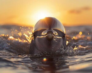 Sun kissed dolphin portrait with sparkling eyes captured in the golden hour light - obrazy, fototapety, plakaty