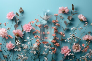 a bottle filled with perfume and flowers arranged on a blue background