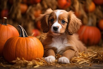 The dog sits near a carving pumpkin. Halloween.