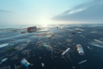 A group of plastic trash items floats on the surface of the ocean posing a threat to aquatic life. The problem of environmental pollution. Anthropogenic influence.