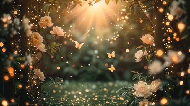 Backdrop composition with green enchanted forest entrance, golden sparkles everywhere, white peonies garland. Generative AI.