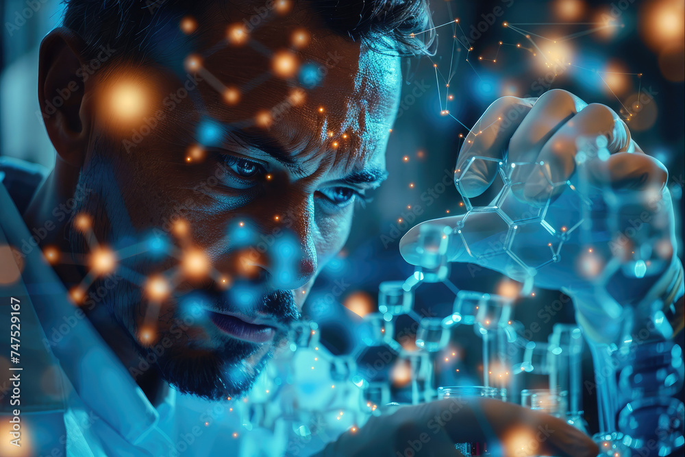 Poster A scientist touching molecule structure. Generative AI.