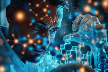 A scientist touching molecule structure. Generative AI.