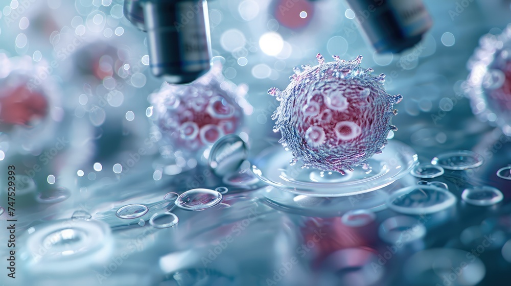 Poster Close up of cells. health science. virus in the microscope. Generative AI.