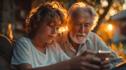 A boy learns to his grandfather how to use the smartphone.
