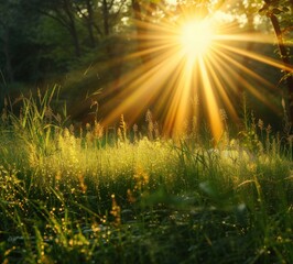 Fototapeta na wymiar natural sun rays sun light moving grass
