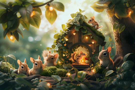 photo realistic style , arched garland made in green leaves , house of forest’s friends to the left , squirrels and chipmunks to the right