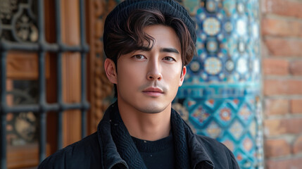 young asian man,straight hair, looking at camera, model style, wearing black jacket with background