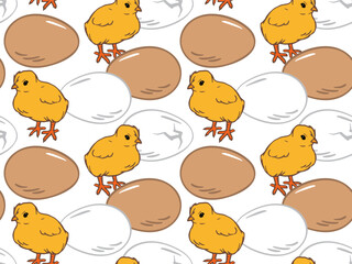 Hitched chiks, eggs seamless pattern. Easter, agroculture, organic farming background for poster, flyer, farm products package, book design. poultry farming and egg production symbol.