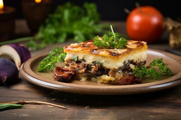 Rustic ambiance close-up photography of an exquisite moussaka on a slate plate against a pastel painted wood background. AI Generation