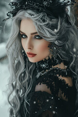 A silver-haired enchantress, woman with piercing eyes exudes wisdom and mystique, adorned in intricate black lace and crowning headpiece, amidst a snowy realm.