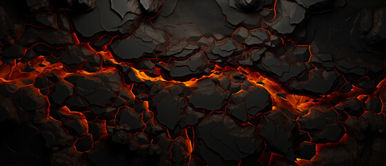 Abstract topographic pattern in charcoal and black . Ancient rock and sand formations with glowing lava fissures. Graphic resource background and wallpaper.