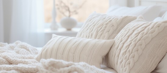 Fototapeta na wymiar A bed with white pillows stacked neatly on top of beige cable knit blankets, creating a cozy and inviting atmosphere in a bedroom setting.