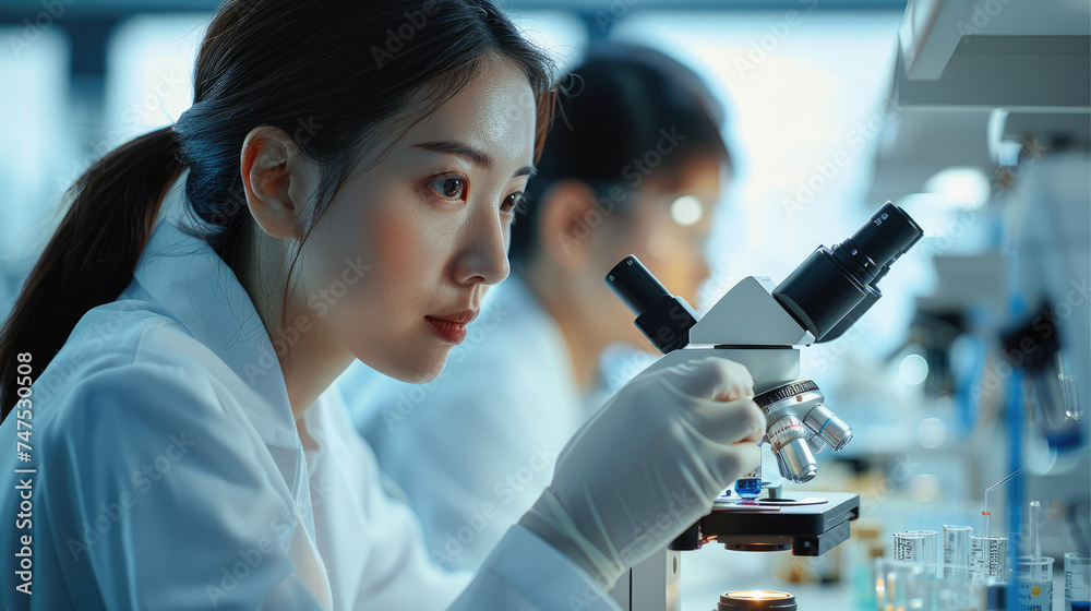 Aufkleber chinese woman biologists scrutinize cells under a microscope in the laboratory. generative ai.