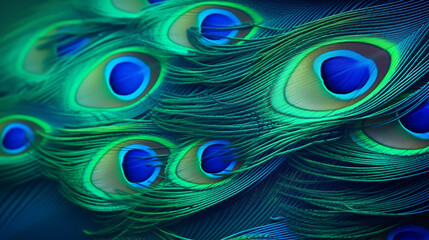 Blue peacock feathers in closeup