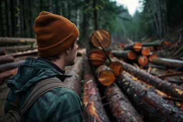 man in a forest examines cut trees from the lumber industry