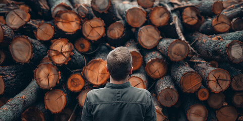 a man looks over a large stack of wood logs