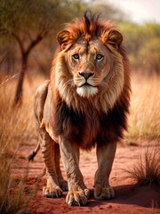 Beautiful lion with a lush mane in the savannah