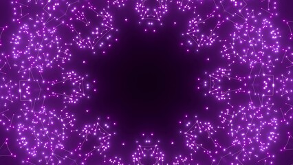 effektvolle futuristische violett leuchtende synchrone 3D-Linien mit Verbindungspunkten, kreisrund, Mittelpunkt, techniches Design, Fraktal, Muster, Geraden, Verbindungen, Internet, System 