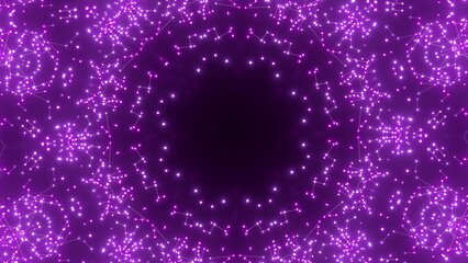 effektvolle futuristische violett leuchtende synchrone 3D-Linien mit Verbindungspunkten, kreisrund, Mittelpunkt, techniches Design, Fraktal, Muster, Geraden, Verbindungen, Internet, System
 - obrazy, fototapety, plakaty
