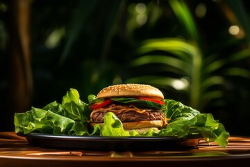 Close-up view photography of a tempting burguer on a palm leaf plate against a green plant leaves background. AI Generation