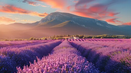 A blooming lavender flower field in sunny summer day. Generative AI.