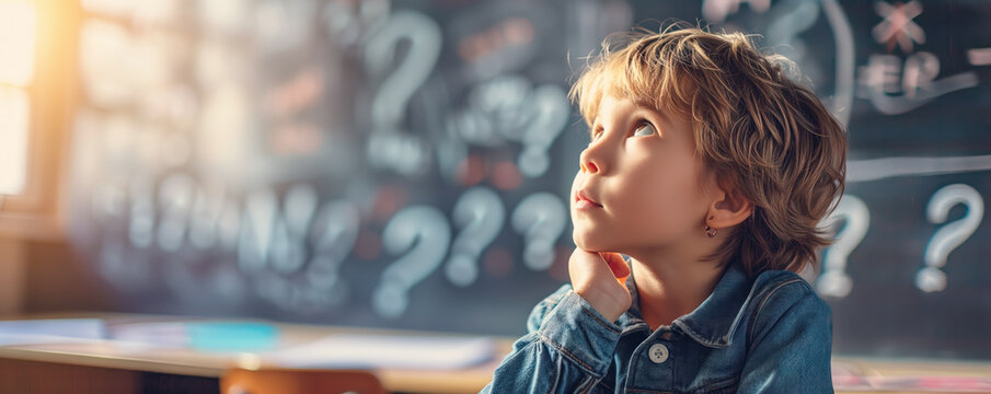 Thoughtful cute child having lots of questions at school.